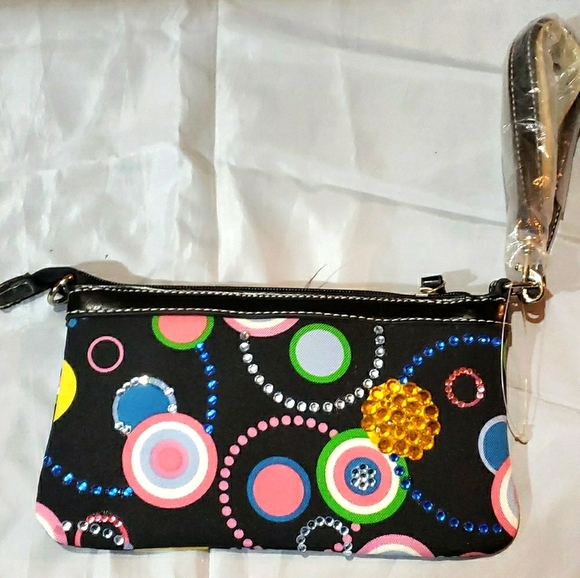 Ladies Wristlet Bag Black Multicolored Circles NWT - Picture 2 of 6